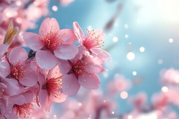Obraz premium Cherry Blossoms in Full Bloom Against Blue Sky, Serene Spring Scene with Delicate Pink Petals and Dreamy Atmosphere