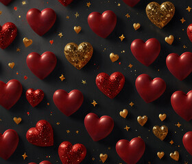 A luxurious Valentine’s backdrop featuring deep red hearts with a glossy 3D appearance, scattered on a dark, velvet-like background, with golden glitter accents