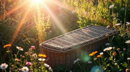A natural wicker casket is placed in a sunlit meadow, surrounded by wildflowers and green grass, symbolizing a return to nature.