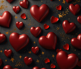 A luxurious Valentine’s backdrop featuring deep red hearts with a glossy 3D appearance, scattered on a dark, velvet-like background, with golden glitter accents