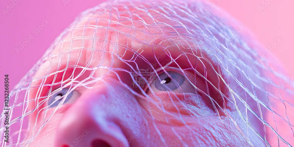 Poster close-up of face partially covered with translucent netting
