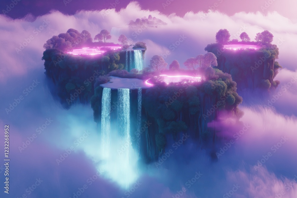 Poster A surreal landscape with floating islands, waterfalls cascading into the clouds