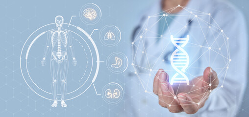 Doctor touches hologram on modern interface. Concept of health monitoring, health insurance, training with modern technologies.