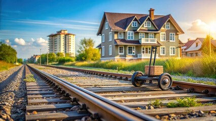 Fototapeta premium A house standing alone on a trolley track with wheels rolling in the background