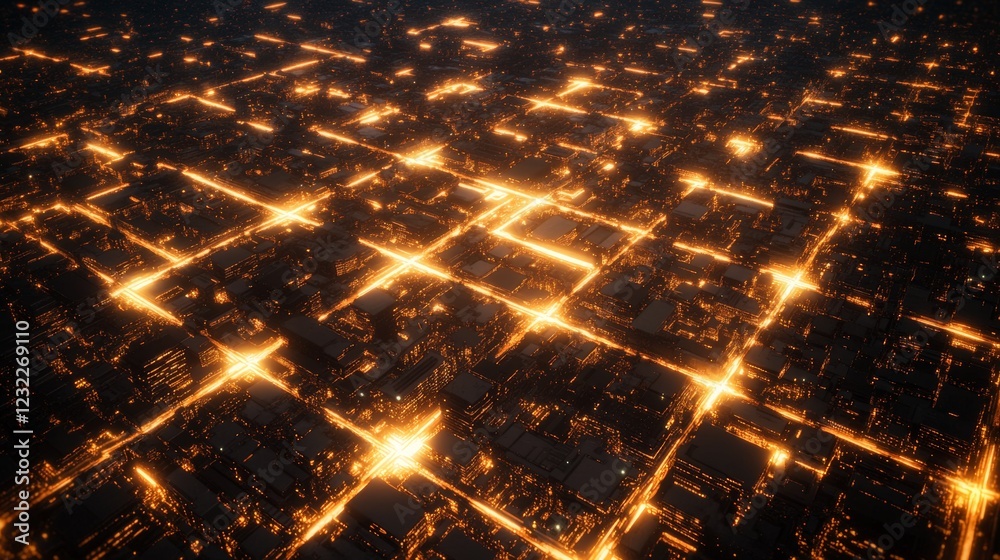 Poster orange lights illuminating a futuristic city at night, creating a captivating cityscape with a strik