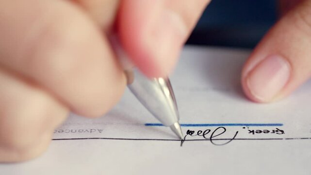 A person is writing with a pen on a piece of paper. The writing is in blue ink and he is a signature. Concept of formality and importance, as the person is signing something