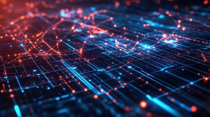 Fototapeta premium A global commerce network visualized through intricate digital pathways, glowing circuits, and blockchain-inspired holographic elements.