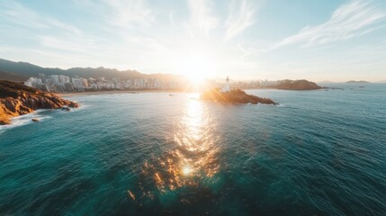 Lighthouse standing proud against a stunning rocky coastline at sunset