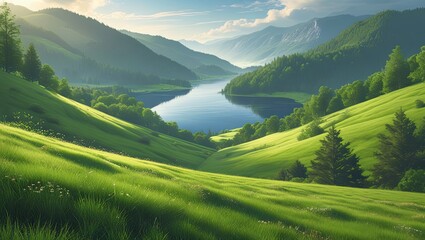 View of the Lake from the lush Green Hillside. Ideal for desktop wallpaper or background