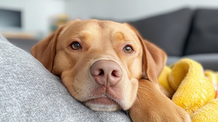 Cozy afternoon with a loving dog wrapped in a soft blanket on the couch