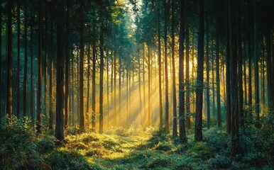 Fototapeta premium Serene Forest Scene with Golden Sunlight in Springtime