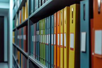 Obraz premium Color-coded files neatly organized on shelves.