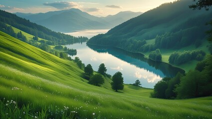 View of the Lake from the lush Green Hillside. Ideal for desktop wallpaper or background