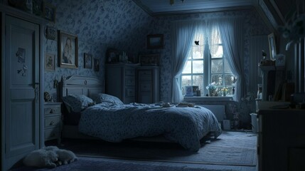 Dark, cozy bedroom with floral patterns, and sleeping cat.
