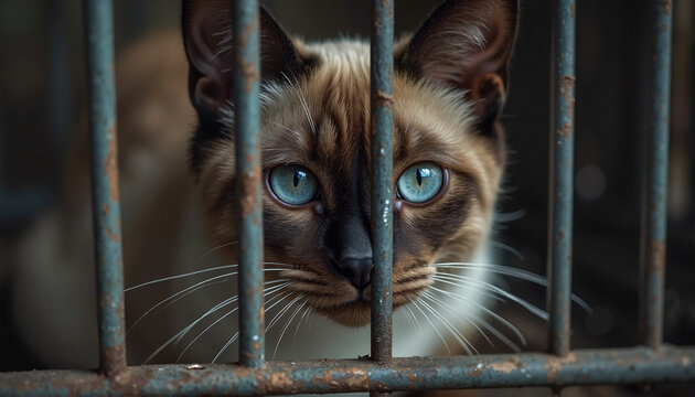 Siamese cat in a kennel, suitable for cat care blogs, adoption resources, and educational content