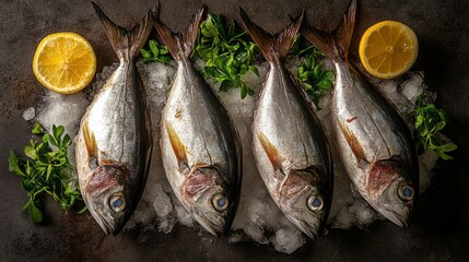 Four fresh fish on ice with lemons and greens displayed on dark surface