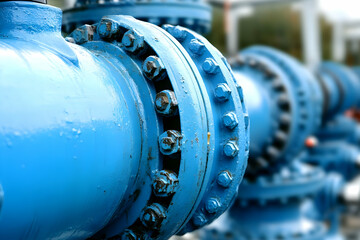 Blue industrial pipes, bolts, facility. Energy infrastructure