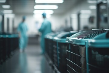 A row of pet carriers in an animal shelter, symbolizing responsible pet sterilization efforts, with a blurred figure of a vet in the background, copy space background