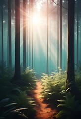 Obraz premium Sunlit Path Through a Misty Forest Scene