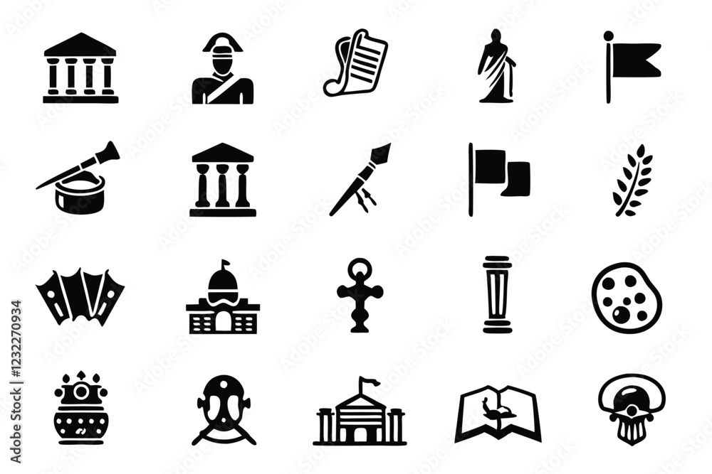 Fototapete Create a clean, line-art icon set representing diverse historical and cultural elements, suitable for editing and various applications.  Include editable strokes for easy customization.