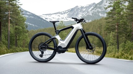 Naklejka premium A sleek electric mountain bike stands on a deserted road, showcasing its innovative design against a backdrop of lush trees and majestic mountains under clear blue skies