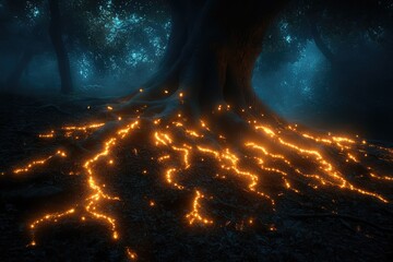 Mystical forests with trees that have glowing roots and branches, casting a soft, ambient light through the mist.