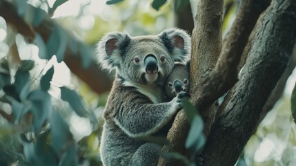 Koala Mother with Baby on Back Ultra HD Eucalyptus