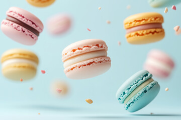 Close up detail floating sweet french macaroons isolated on colorful pastel background.