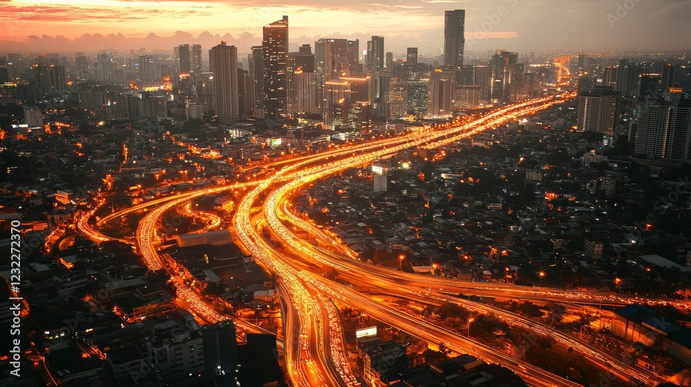Poster light trails created by vehicles driving on a busy highway interchange at sunset, with illuminated s