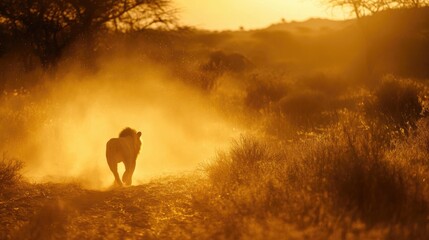 Fototapeta premium Lion stalking in savanna at sunset Ultra HD golden dusk
