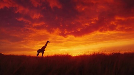 Giraffe Silhouetted at Sunset with Fiery Sky