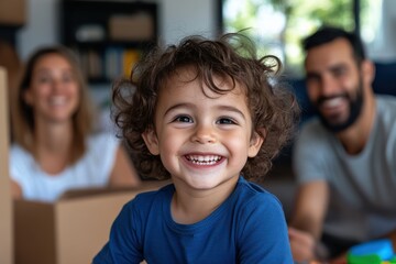 Obraz premium A joyful child showcases a radiant smile, embodying playful energy and warm family interactions, in a colorful setting filled with toys and love.