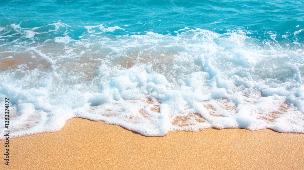 Aufkleber turquoise ocean water creating white foam waves gently washing golden sand on a sunny summer day, cr