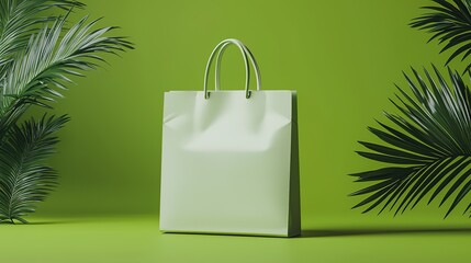 Realistic shopping bag mockup featuring brand logo on vibrant green background studio environment front view