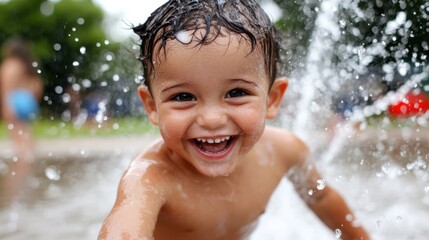 Obraz premium Joyful child dashes through backyard sprinkler on a warm summer afternoon
