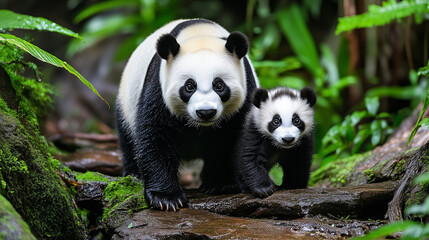 Fototapeta premium Panda z młodym w lesie deszczowym