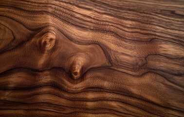 Naklejka premium Polished Walnut Wood Texture Close-Up Background with Intricate Grain Patterns and Natural Knots