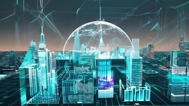 Digital city under a transparent dome, protecting the future metropolis
