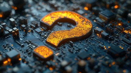 A glowing question mark icon with circuit board patterns on a blue background, representing knowledge and inquiry