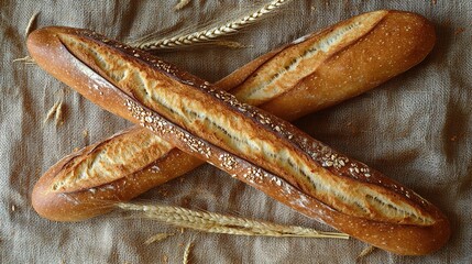 Crusty baguettes crossed, burlap, wheat, bakery