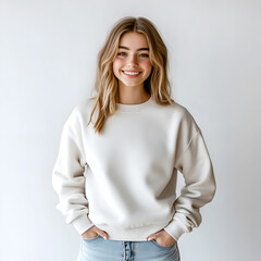 Smiling woman in cream sweatshirt and light blue jeans against a simple background, exuding a casual and friendly vibe. 