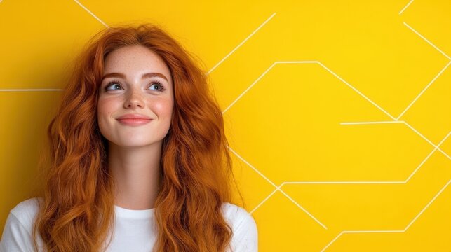 Joyful woman with long red hair enjoys conversation on her mobile phone