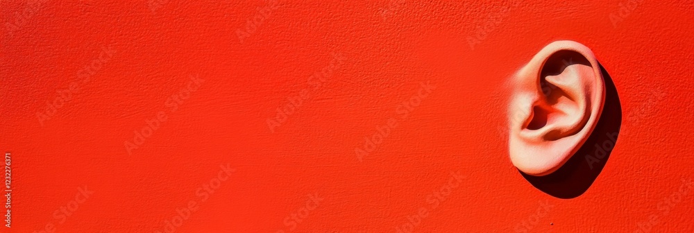 Poster large ear is attached to a vibrant red background, symbolizing the importance of hearing and the pow