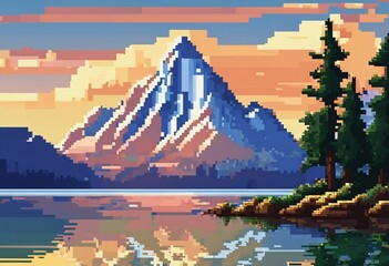 Pixel art mountain landscape at sunset.