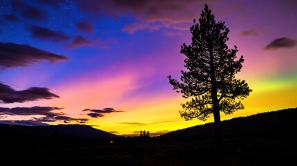 Fototapeta premium Lone pine tree silhouetted against a vibrant aurora borealis in a serene landscape, showcasing the natural beauty and tranquility of the northern lights in a breathtaking night sky.
