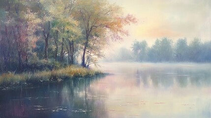 Misty autumn lake sunrise, trees reflected, peaceful landscape, nature art print