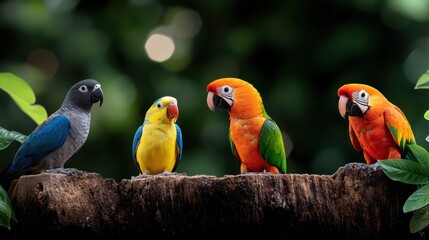 Tropical birds showcasing vibrant colors in a lush rainforest
