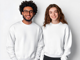 A diverse young couple wearing white sweatshirts standing side by side, smiling, with a confident and stylish attitude