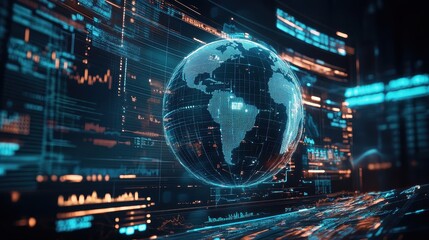 A futuristic representation of global connections, a globe surrounded by spinning holographic data points, sci-fi, high resolution, vibrant tones