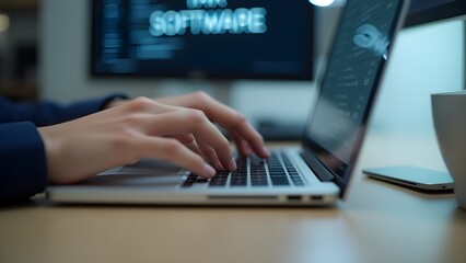 Hands typing on a keyboard with a Tax Software screen visible